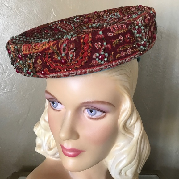 EXQUISITE DESIGNER 1940s\' MULTI-COLOR FABRIC & FELT HAT main image 6